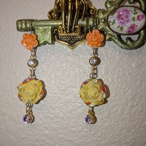Floral Drop Earrings with Yellow and Orange Roses